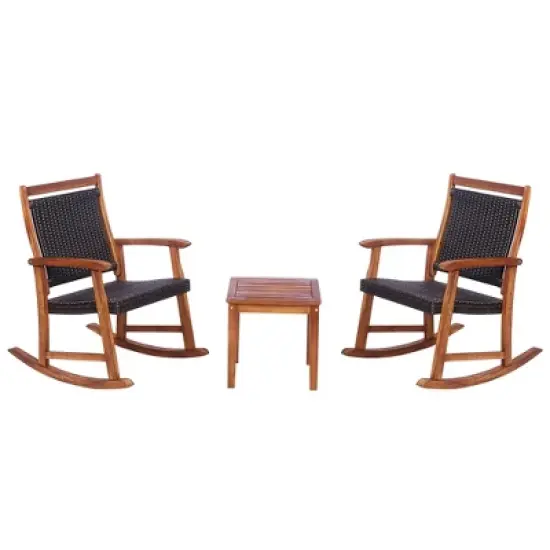 Costway 3PCS Patio Rattan Rocking Chair Bistro Set Acacia Wood Frame Armrest image {8}