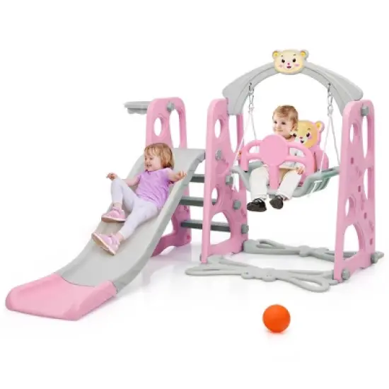 Costway 4-in-1 Toddler Climber and Swing Set w/ Basketball Hoop & Ball Pink\Green image {10}