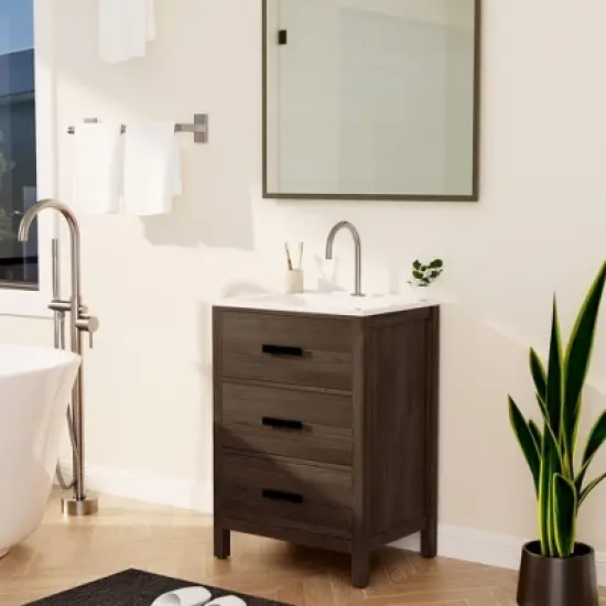 Hyleory 24" KD Freestanding Bathroom Vanity with Resin Single Sink, 3 Drawers image {3}