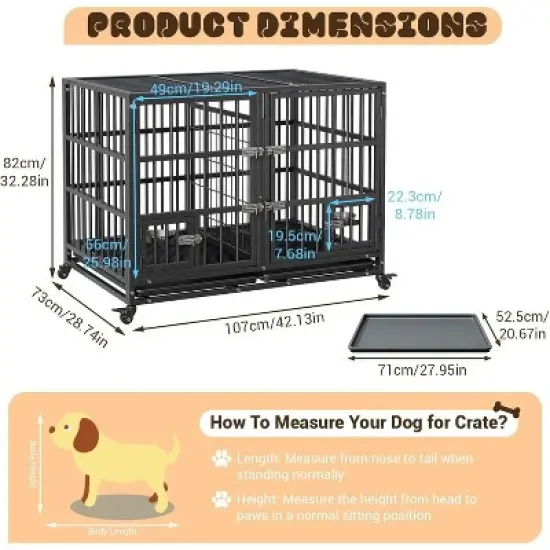 Heavy Duty Dog Crate - Steel Escape-Proof Kennel with Divider & Wheels, Double Door Pet Cage for Large/Medium Dogs image {6}