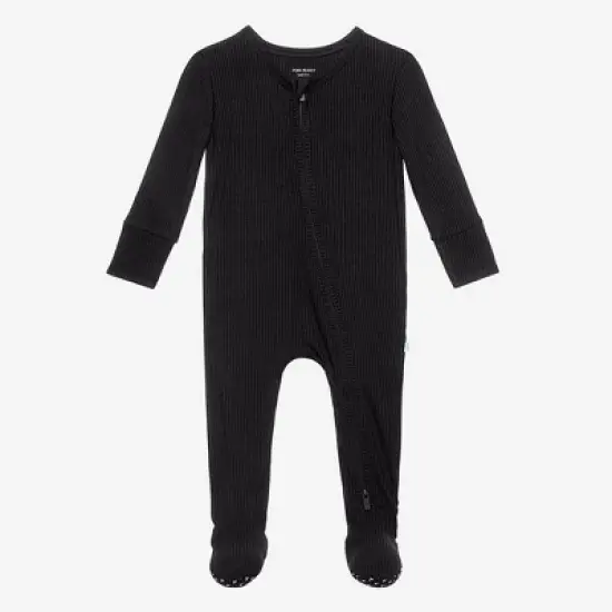 Infant Black Rib Footie Zippered One Piece - Posh Peanut image {1}