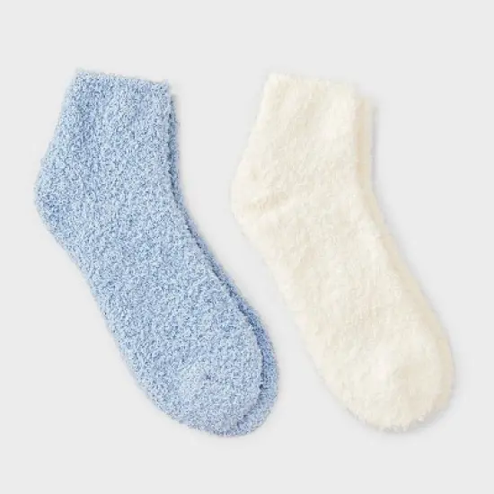 Women's Solid 2pk Cozy Ankle Socks - Auden&trade; Ivory/Blue One Size image {3}