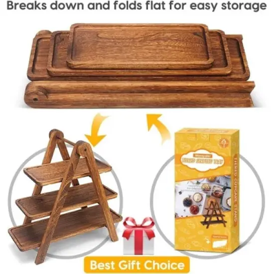 Attop 3 Tier Serving Tray Three Tiered Serving Stand, Rectangle Serving Platter Wooden Farmhouse Tiered Tray image {2}