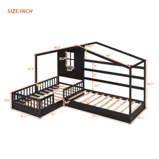 2 Twin Size L Structure Wood House Bed with Fence and Slatted Frame, White/Gray/Espresso, 4W -ModernLuxe image {2}
