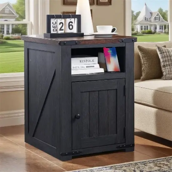 Nightstand with Charging Station, 20" Farmhouse End Table w/Groove Barn Door & Adjustable Shlef for Bedroom image {8}