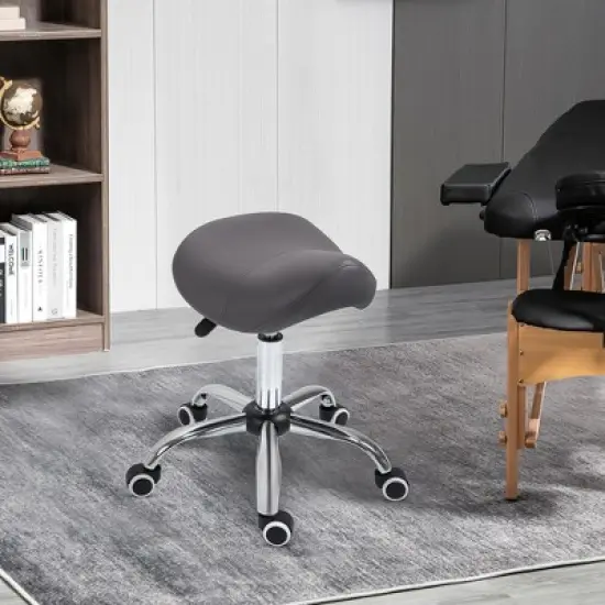 HOMCOM Ergonomic Rolling Saddle Stool PU Leather Hydraulic Spa Stool Height Adjustable Swivel Drafting Medical Salon Chair image {1}