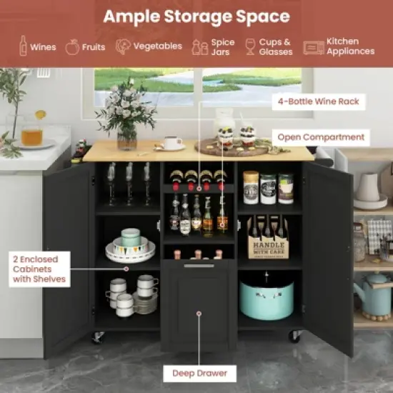 Costway Rolling Kitchen Island Utility Serving Cart with Drop Leaf Wine Rack Drawer image {5}