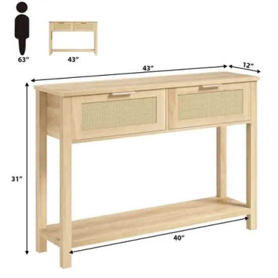 Entryway Table with Drawers, Rattan Console Table with Storage, Boho 2-Tier Sofa Table for Living Room and Hallway image {4}
