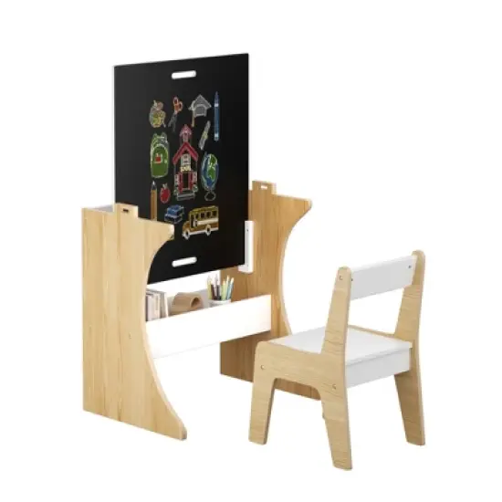 Yinvani White Multifunctional Wood 2 Piece Toddler Table with 1 Chairs Set image {2}