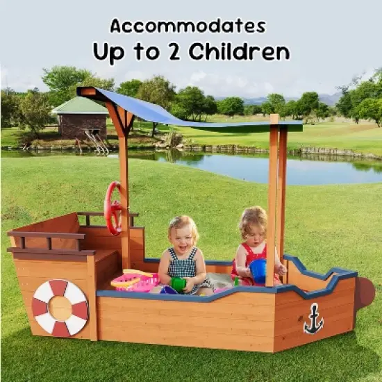 Outdoor Sandbox with Cover & Rudder, Pirate Ship Wooden Sand Box for Kids Ages 3-8, Children Outdoor Play Equipment, Brown image {1}