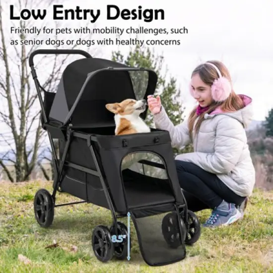 Tangkula Dog Stroller with Low Entry & Ramp Access w/ Lockable & Shock-Absorbing All-Terrain Wheels Folding Pet Travel Wagon for Small Medium Dogs image {2}