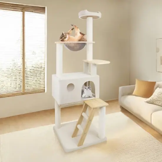 KTMBDW 65'' Cat Tree for Indor Cats, Multifunctional Cat Tower with Cozy Condo, Perches, Scratching Posts and Hammock, White image {7}