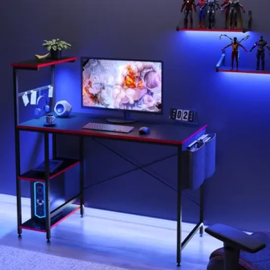 Bestier 44&rdquo; Gaming Desk with LED Lights, PC Gamer Desk with 4 Tier Adjustable  Shelves & Storage Bag, Computer Office Desk for Small Spaces image {9}