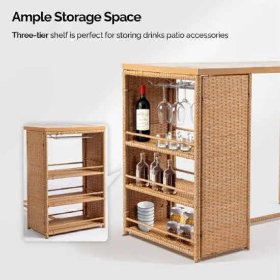 Patio 5-Piece Wicker Serving Bar Set with Cushions image {5}