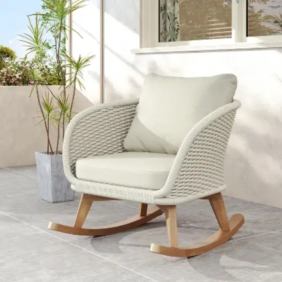 Christopher Knight Home Hattie Patio Contemporary Rattan and Acacia Wood Rocking Chair with Cushion image {8}