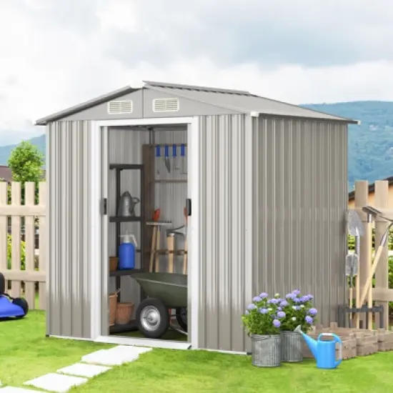 Tangkula 6' x 4' Outdoor Storage Shed Weather Resistant Galvanized Steel Shed with Tilted Roof Lockable Sliding Doors & 4 Air Vents image {1}