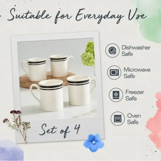 Portmeirion Potter's 9oz Stripe Breakfast Mug, Set of 4, Elegant Earthenware Tea Mugs with Handle for Coffee Lovers, Classic Stripe Design - Black image {6}