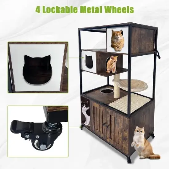 Cat Litter Box Enclosure, Hidden Litter Box Cabinet with Condo, Hammock, Scratching Mat & Post, Cat House with Storage Shelves & Wheels image {3}