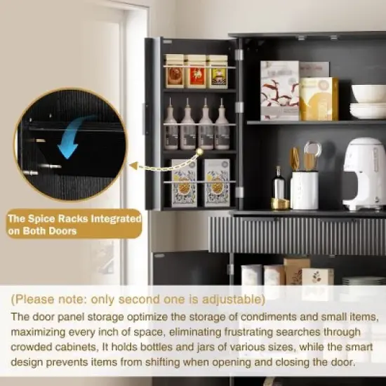 PAGED Farmhouse Kitchen Pantry Cabinet with Slide-Out Drawers & 6 Door Shelves, Freestanding Cupboard Storage Cabinet, Fluted Sideboard Buffet Cabinet image {5}