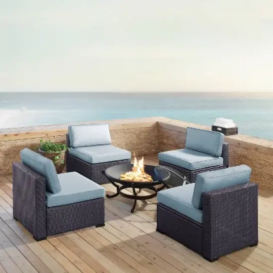 Biscayne 5pc Outdoor Wicker Conversation Set with 4 Armless Chairs & Fire Pit - Mist - Crosley image {1}