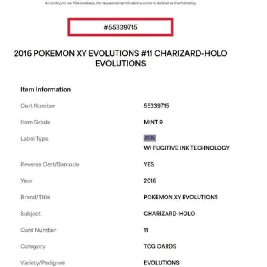 2016 Pokemon XY Evolutions Reverse Holo Charizard #11 PSA MINT 9 (Graded Card) image {2}