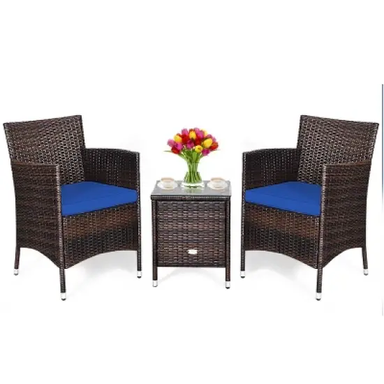 Tangkula 3-Piece Patio Wicker Rattan Furniture Set Conversation Sofa Set with Coffee Table Navy image {2}
