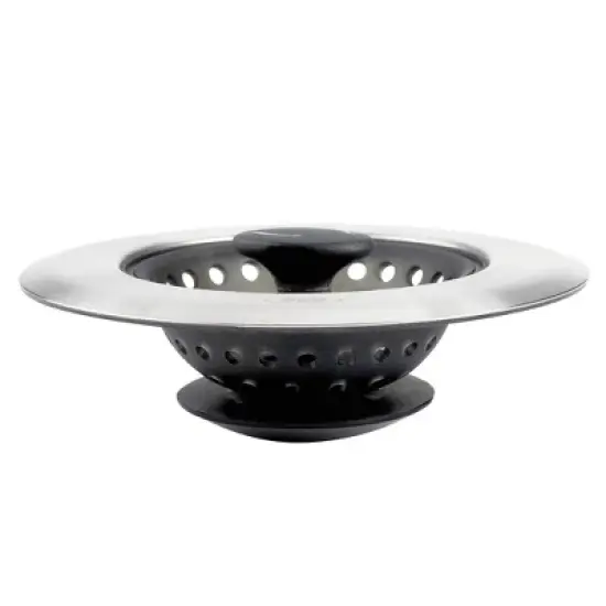OXO Silicone Sink Strainer with Stopper: Black, Stainless Steel, Kitchen Drain Plug, Dishwasher-Safe, 4.3" Diameter image {8}