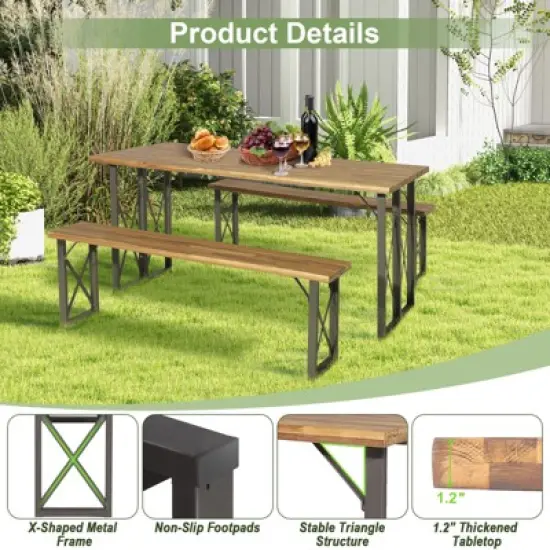 Tangkula 3 Piece Patio Picnic Table Bench Set, Outdoor Camping Table Set w/ Acacia Wood Tabletop & Seat 2&rdquo; Umbrella Hole image {7}