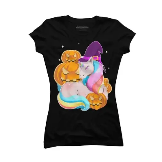 Junior's Design By Humans Cute Unicorn With Jack O Lantern Halloween T Shirt By thebeardstudio T-Shirt image {3}