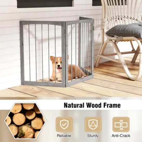 Costway 30&rdquo; Tall Pet Gate Wooden Dog Fence w/180&deg; Rotation 3-Panel Room Divider Barrier for Doorway Hallway Stairs Gray image {6}