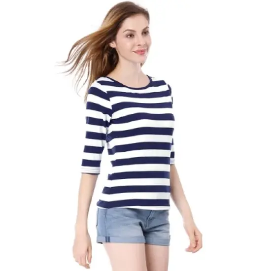 Allegra K Women's Elbow Sleeves Round Neck Slim Fit Casual Printed T-Shirt image {3}