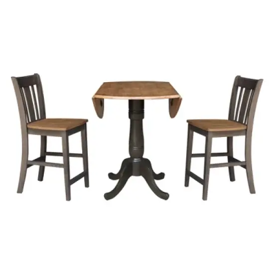 3pc 42" Round Dual Drop Leaf Counter Height Dining Table with 2 Splat Back Stools Hickory/Washed Coal - International Concepts image {4}