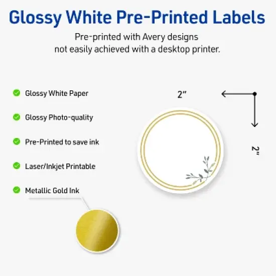 Avery Labels, 2" Diameter, Glossy White, Double Gold Border w/ Florals, 120ct image {1}