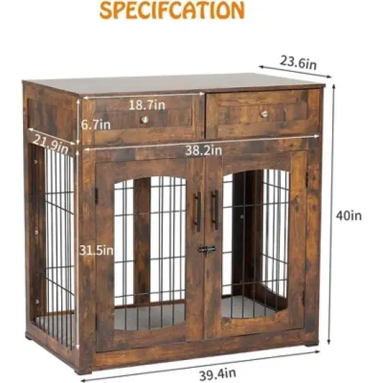 40" Heavy Duty Dog Crate Furniture - Dual-Door Pet Kennel Wooden Kennel End Table with 2 Storage Drawers, Indoor Pet House for Small/Medium/Large Dogs image {1}