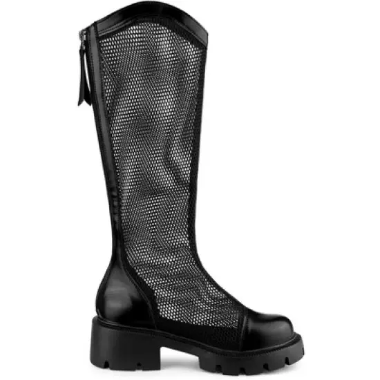 Allegra K Women's Mesh Round Toe Back Zip Chunky Heels Knee High Boots image {4}