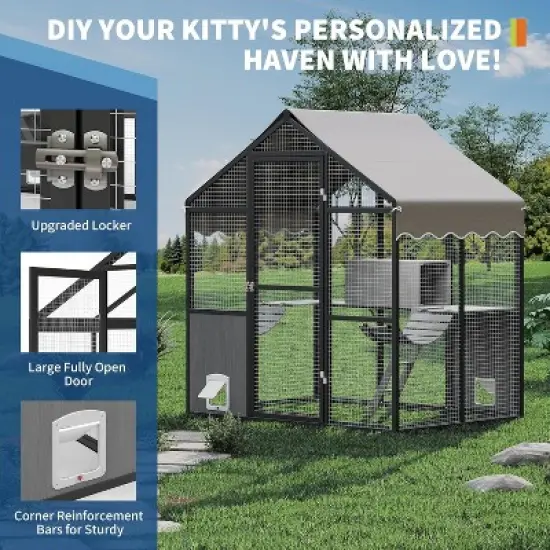 Aluminum Outdoor Cat Enclosure With Weatherproof Roof, Extra Large Catio With Channels, Side Door, Walk-In Large Outdoor Catio for Multiple Cats image {4}