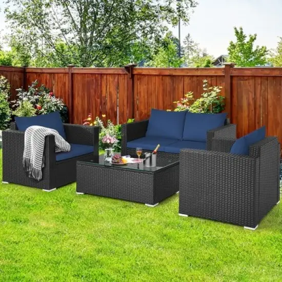 Costway 4PCS Patio Rattan Furniture Set Cushioned Sofa Loveseat with Navy & Turquoise Cover image {4}