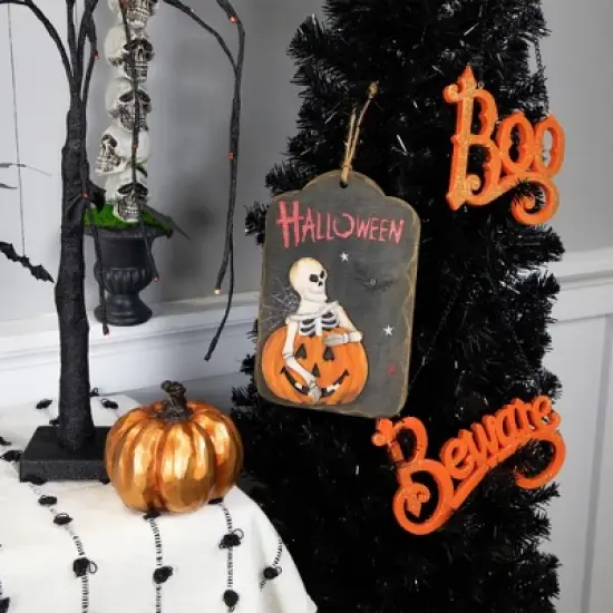 Northlight 9.75" Skeleton and Jack-O-Lantern Halloween Wall Sign image {1}