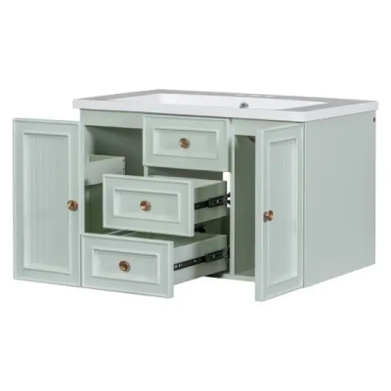 30" Wall-Mounted Bathroom Vanity with Ceramic Sink and Functional Drawers, Mint Green - ModernLuxe image {7}