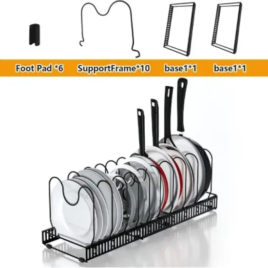 SEVOBAL 2PC Pot Rack Expandable Pan Organizer Lid Holder 10 Adjustable Compartment Kitchen Cabinet Cookware Baking Rack, Black, 12.48"*8.19"*4.68" image {4}