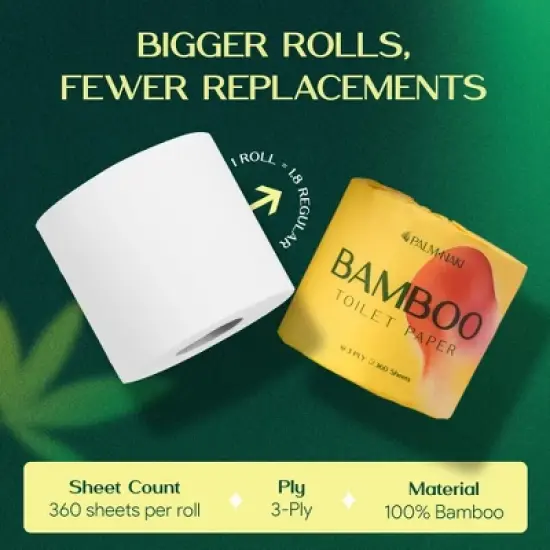 Palm Naki Bamboo Toilet Paper 3-Ply, Mega Rolls 360 Sheets/Roll, Strong & Gentle, Tree-Free Septic-Safe image {6}