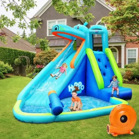 Costway Inflatable Kids Hippo Bounce House Slide Climbing Wall Splash Pool w/740W Blower image {1}
