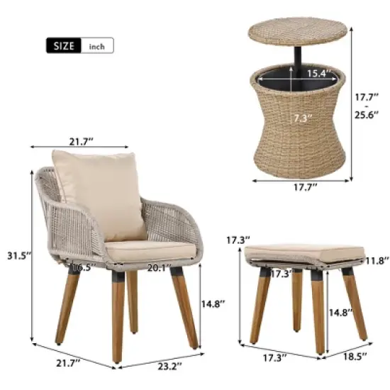 FIONECA 5-Piece Patio Conversation Set with Wicker Cool Bar Table, Chairs & Ottomans, Outdoor Bistro Furniture Set for Porch, Backyard, Brown image {8}