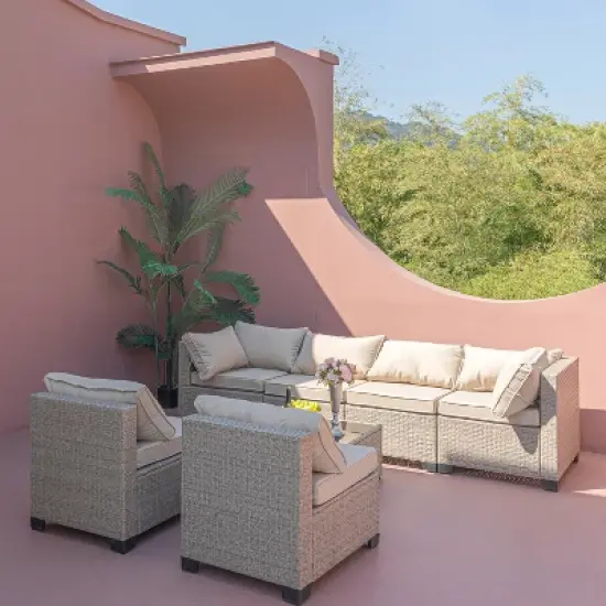 Gulches light khaki 7-Piece Patio Furniture Set  All-Weather Boho Outdoor Conversation Set Sectional Sofa with Water Resistant Thick Cushions image {5}