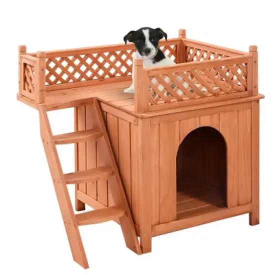 Tangkula Wooden Puppy Dog House Wood Pet Room w/ Raised Roof for Balcony image {3}