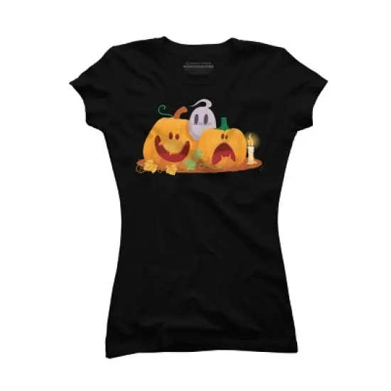 Junior's Design By Humans Halloween Cartoon Pumpkins And Ghost By VectorVillain T-Shirt image {3}