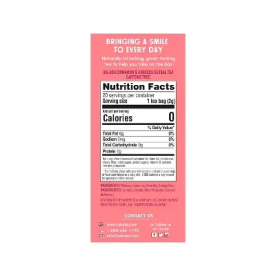 Salada Soothing Teas, Cinnamon & Hibiscus Herbal Tea 20 Individually Wrapped Tea Bags Per Box (Pack of 6) image {1}