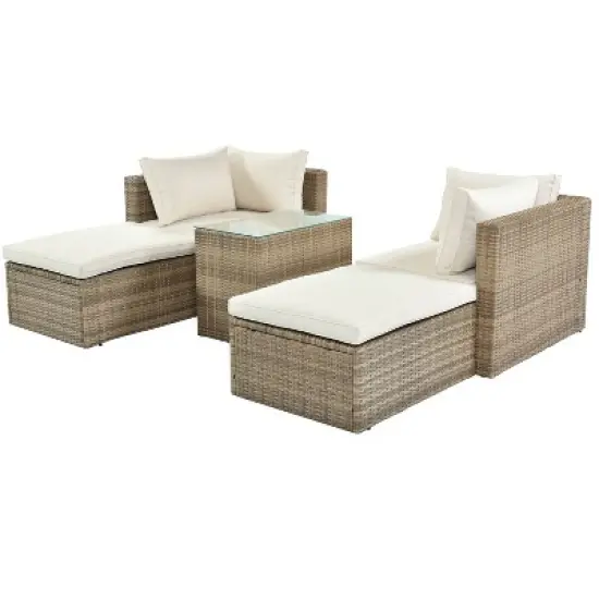 5pc Wicker Patio Seating Set with Cushions - Brown/Beige - GODEER image {5}
