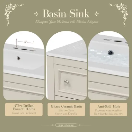 SpassWay 36"L White Bathroom Vanity with Ceramic Sink and 4 Drawers image {3}