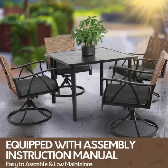 HOMEFUN 5 Piece Patio Dining Set for 4,Outdoor Wicker Furniture Set with 4 Cushions Swivel Rocker Chairs,steel Table Top,Gray image {6}